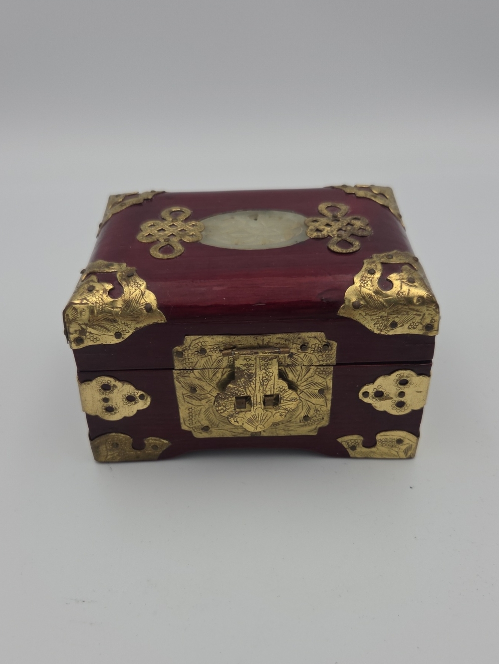 Ornate Red Decorative Jewelry Box with Brass Accents